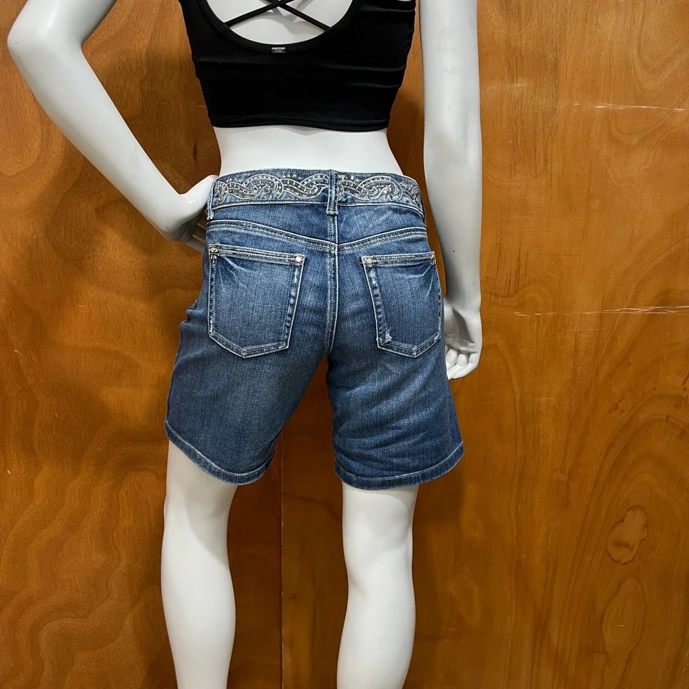 White House Black Market Embellished Denim Bermuda Shorts Sz 4 Jeweled Studded
